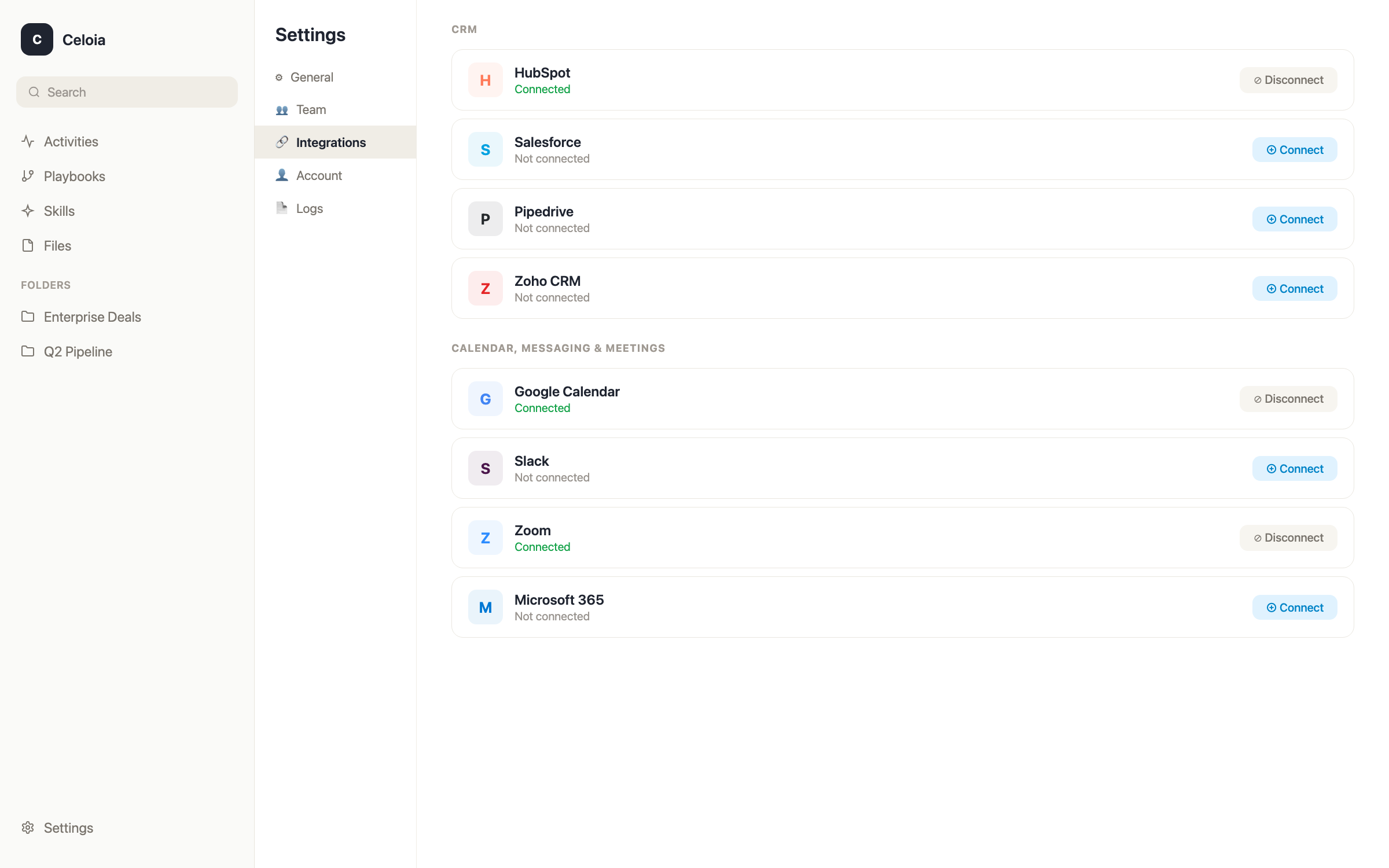 Celoia integrations settings showing CRM connections with HubSpot, Salesforce, Pipedrive, and Zoho