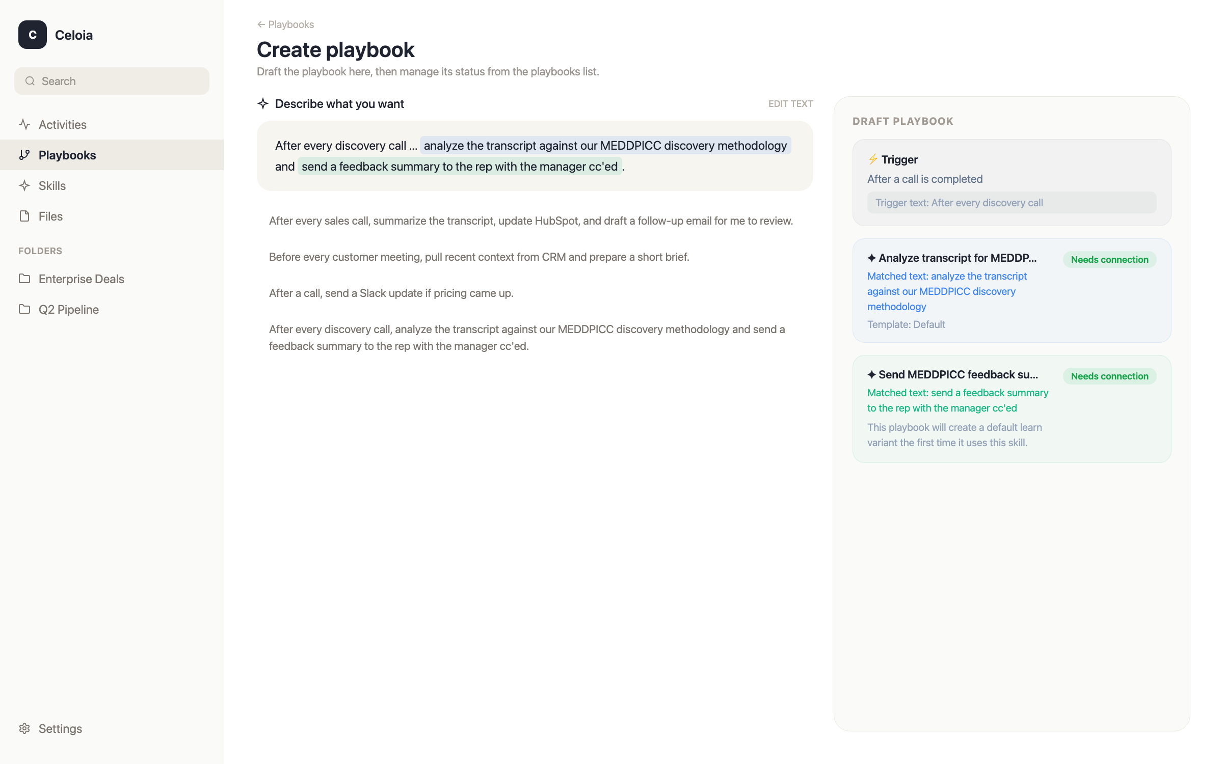 Celoia playbook builder with natural language workflow creation and approval steps