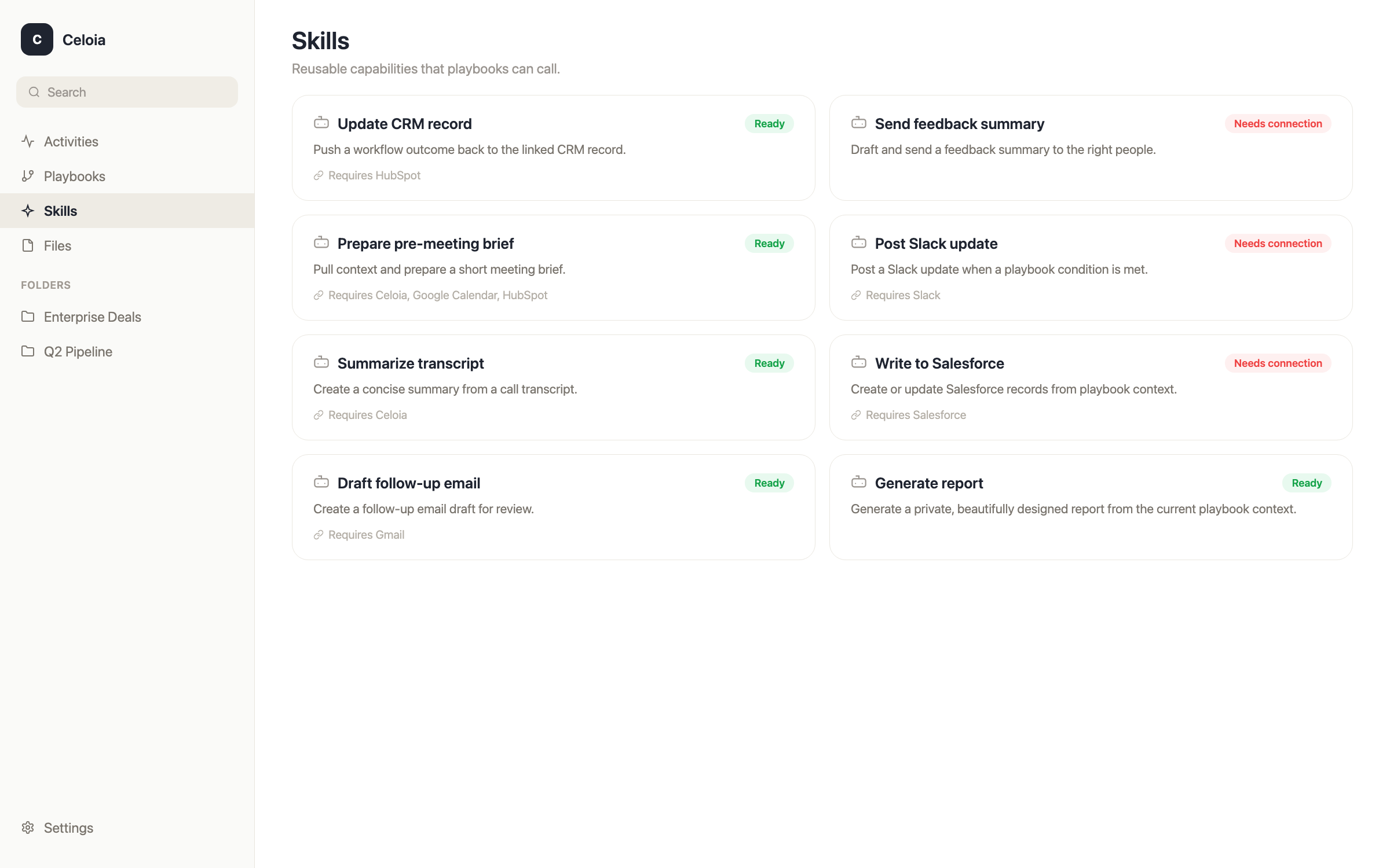 Celoia skills library with AI-powered automations for CRM updates, follow-ups, and reporting
